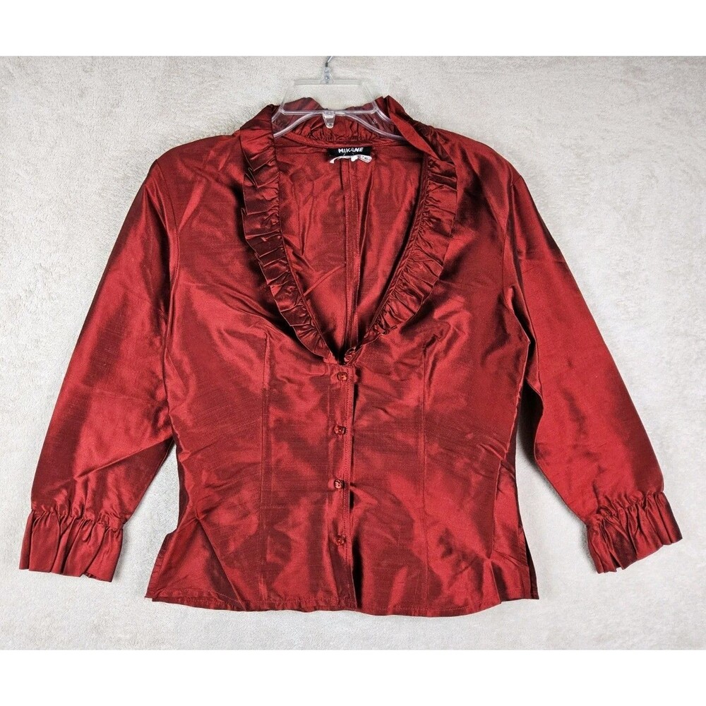 Vintage Mikane Lon Sleeve Ruffle Button Front V Neck Blouse Top Size M